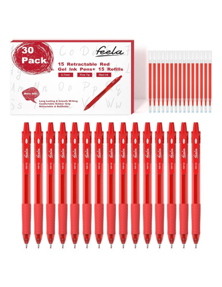Set de 30 Bolígrafos de Gel Retráctiles Feela Tinta Roja 0.7mm