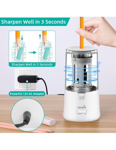 Sacapuntas Eléctrico Tenwin TW8038-2 Blanco 6-12mm Automático