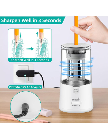 Sacapuntas Eléctrico Tenwin TW8038-2 Blanco 6-12mm Automático