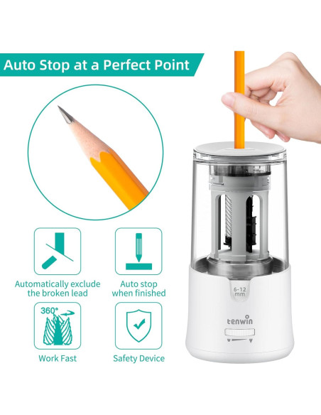 Sacapuntas Eléctrico Tenwin TW8038-2 Blanco 6-12mm Automático