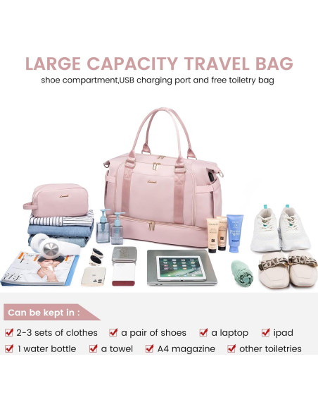 Bolsa de gimnasio LOVEVOOK Rosa Claro con puerto USB y compartimentos