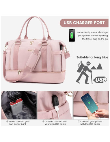 Bolsa de gimnasio LOVEVOOK Rosa Claro con puerto USB y compartimentos