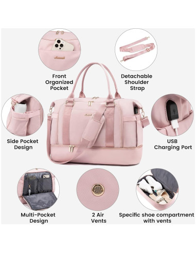 Bolsa de gimnasio LOVEVOOK Rosa Claro con puerto USB y compartimentos