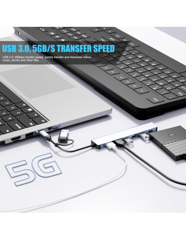 Hub USB C 7 en 1 BERLAT Aluminio con 5 Puertos USB