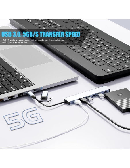 Hub USB C 7 en 1 BERLAT Aluminio con 5 Puertos USB