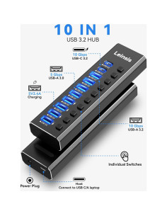 Hub USB 3.2 Alimentado LEINSIS 10 Puertos con Interruptores 2