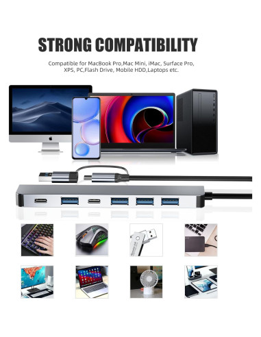 Hub USB C 7 en 1 BERLAT Aluminio con 5 Puertos USB