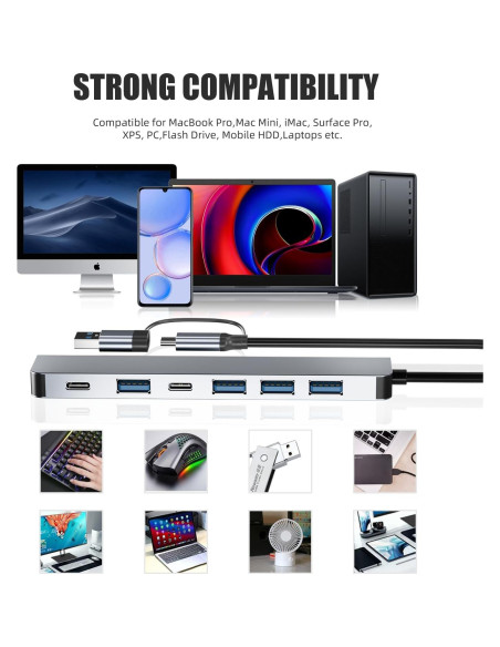 Hub USB C 7 en 1 BERLAT Aluminio con 5 Puertos USB