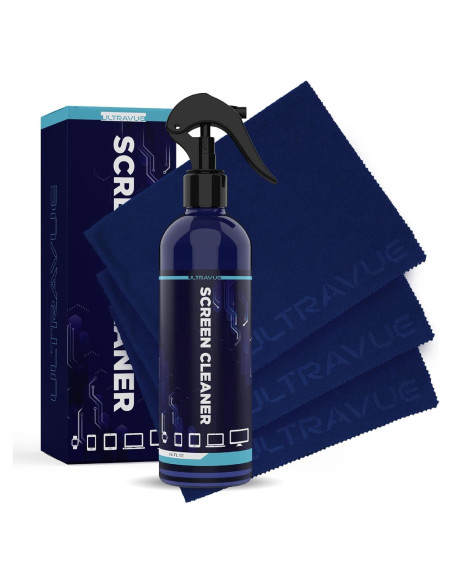 Kit Limpiador de Pantallas UltraVue - 0.47L + 3 Paños Microfibra
