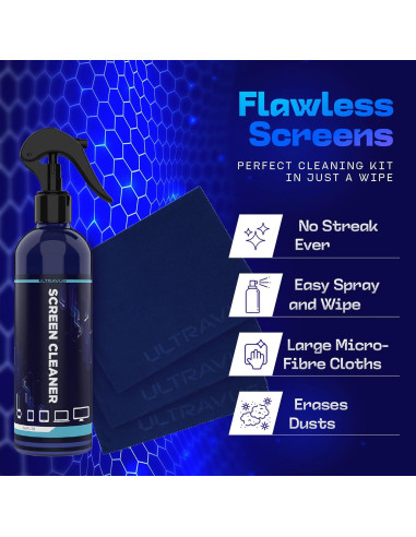 Kit Limpiador de Pantallas UltraVue - 0.47L + 3 Paños Microfibra