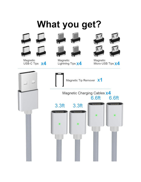 Cable de Carga Magnético ZBF 3A 4-Pack 1-2 m USB C Micro USB Cable de Carga Magnético ZBF 3A 4-Pack 1-2 m USB C Micro USB
