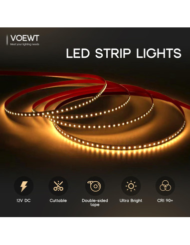 Tira LED 5m VOEWT 12V 6000K 600 LEDs Ultra Brillantes