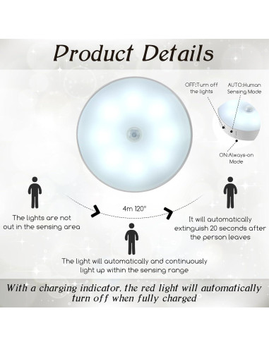 6 Luces Nocturnas Magnéticas Glooglitter con Sensor de Movimiento