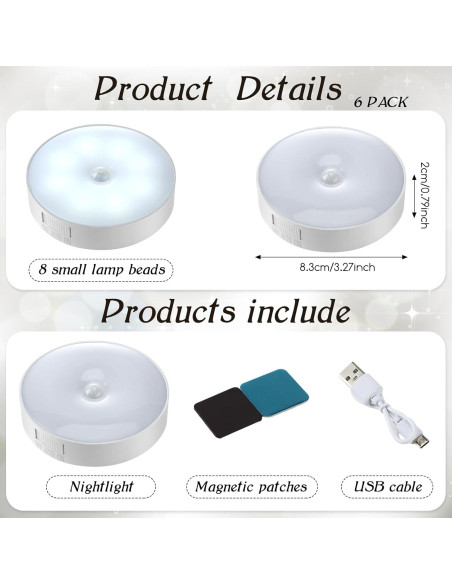 6 Luces Nocturnas Magnéticas Glooglitter con Sensor de Movimiento