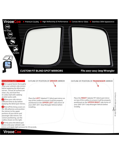 Espejos Convexos Adhesivos VrooeCoe para Jeep Wrangler 2007-2017 Espejos Convexos Adhesivos VrooeCoe para Jeep Wrangler 2007-2017