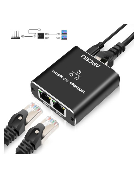 Divisor Ethernet Gigabit 1 a 2 Arceli con Cable Cat 6