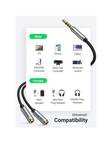 Adaptador Divisor de Auriculares UGREEN 3.5mm Macho a Doble Hembra