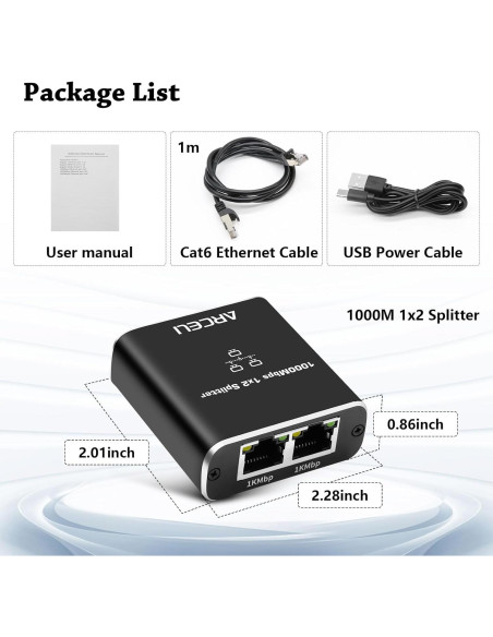 Divisor Ethernet Gigabit 1 a 2 Arceli con Cable Cat 6