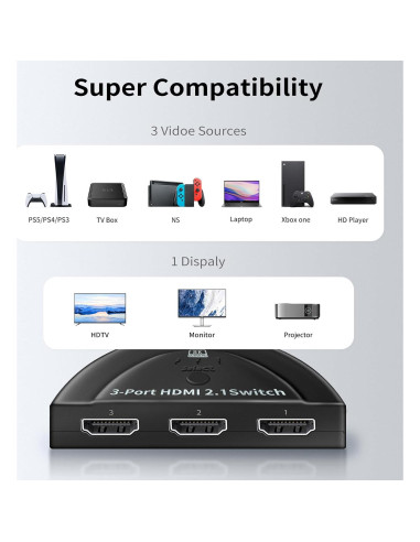 Interruptor HDMI 3 en 1 NEWCARE 8K@60Hz 4K@120Hz 48Gbps