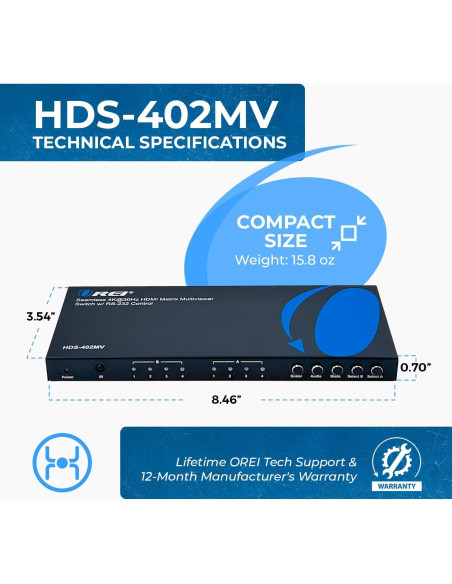 Conmutador HDMI OREI HDS-402MV 4 en 2 Salida 4K PIP