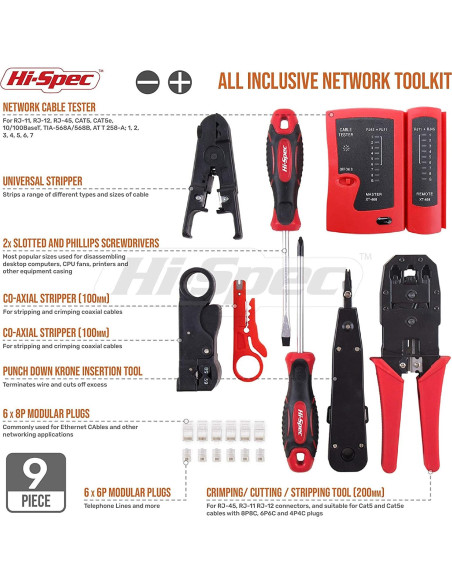 Kit de herramientas de red Hi-Spec 9 piezas para CAT5/CAT6