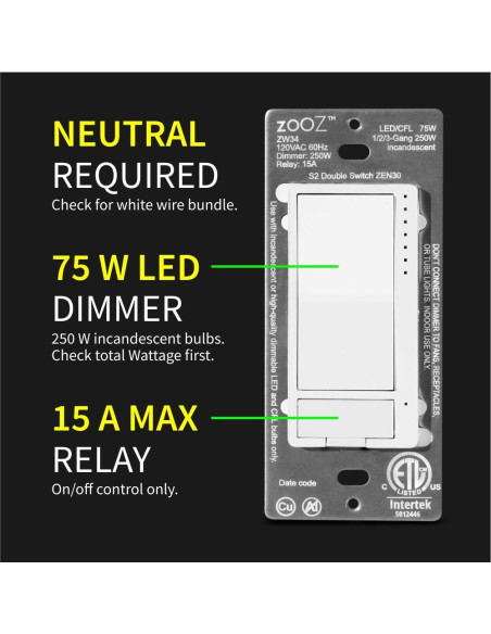 Interruptor Doble Z-Wave Zooz ZEN30 800LR Blanco 75W LED