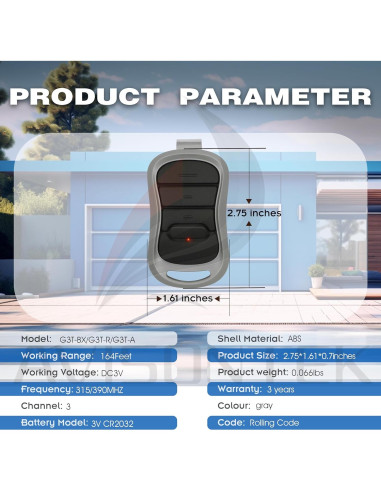 Control Remoto de Garaje Genie G3T-A 2X, 315/390MHz, 3 Años Garantía