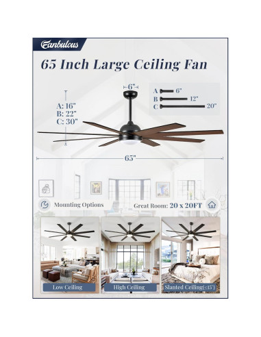 Ventilador de Techo Fanbulous 165 cm con Control Remoto y Luz LED