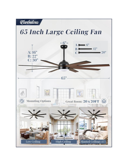 Ventilador de Techo Fanbulous 165 cm con Control Remoto y Luz LED