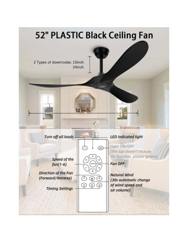 Ventilador de Techo KASASS 132 cm Sin Luz Negro Control Remoto