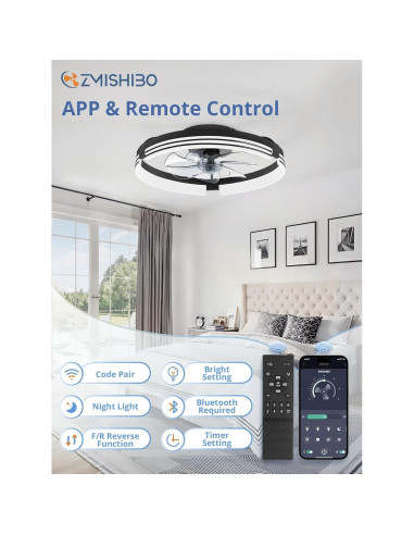 Ventilador de Techo ZMISHIBO 50.8cm con Luz y Control Remoto