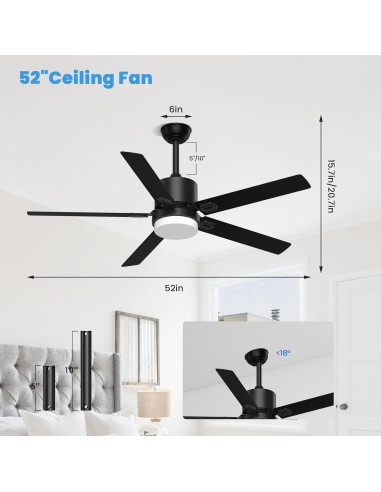 Ventilador de Techo Alescu 52" Negro con Luz LED y Control Remoto