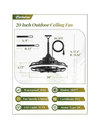Ventilador de Techo Exterior Fanbulous 20" con Luz y Control Remoto
