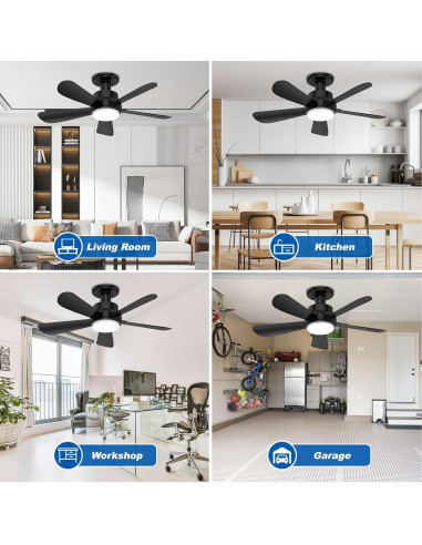 Ventilador de Techo con Luz LED GHORA 22" Control Remoto Negro