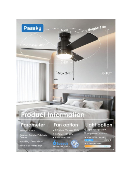 Ventilador de Techo Passky 106.68 cm con Luz y Control Remoto Ventilador de Techo Passky 106.68 cm con Luz y Control Remoto
