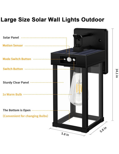 Auzev Luz Solar de Pared Exterior con Sensor de Movimiento 1 Bombilla