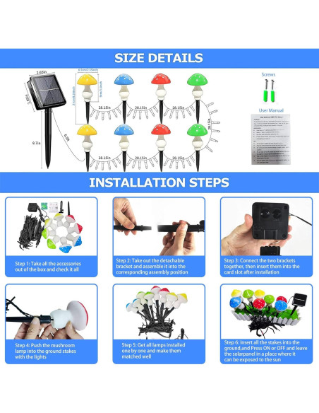 Luces de Jardín Solares LiyuanQ, 8 Hongos LED Multicolor, 7m Luces de Jardín Solares LiyuanQ, 8 Hongos LED Multicolor, 7m