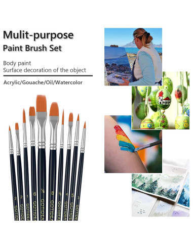Juego de Pinceles GOTIDEAL 10 Pcs Punta Redonda para Acrílico y Óleo