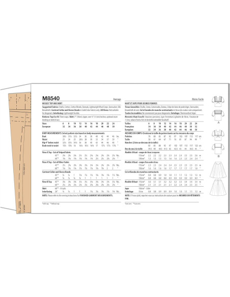 Patrón de Costura Vintage McCall's M8540 Top y Falda 80s