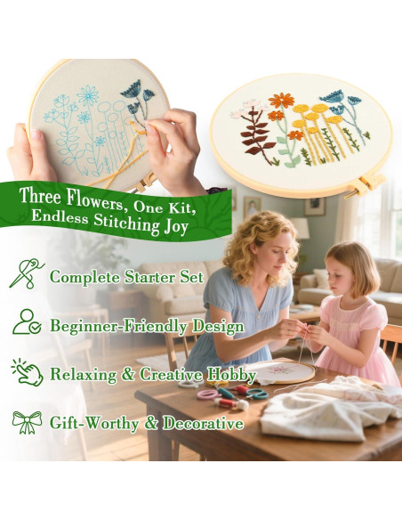 Kit de Bordado RAINFLOW para Principiantes - 3 Patrones Florales Kit de Bordado RAINFLOW para Principiantes - 3 Patrones Florales