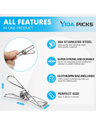 Paquete de 40 Pinzas de Ropa Vida Picks de Acero Inoxidable 6cm