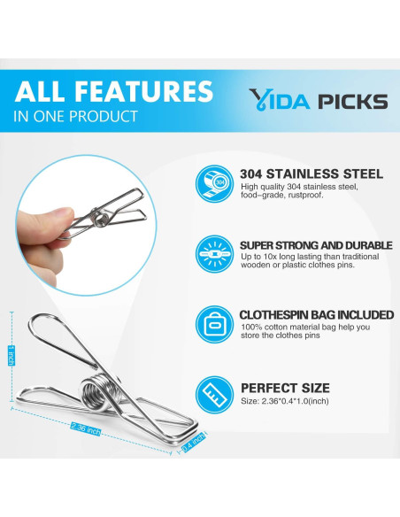 Paquete de 40 Pinzas de Ropa Vida Picks de Acero Inoxidable 6cm