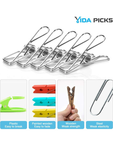 Paquete de 40 Pinzas de Ropa Vida Picks de Acero Inoxidable 6cm