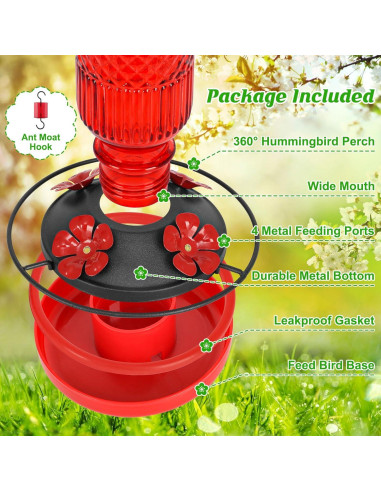 Alimentador de Colibríes de Vidrio Feed Garden 16 oz Rojo