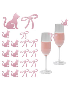 20 Marcadores de Copas de Vino con Lazo Rosa y Gato - Decoración Fiesta