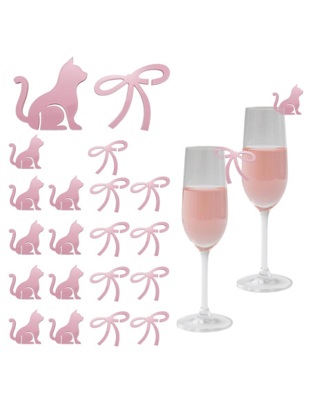 20 Marcadores de Copas de Vino con Lazo Rosa y Gato - Decoración Fiesta