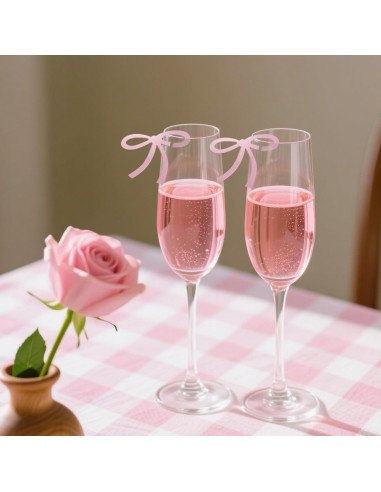 20 Marcadores de Copas de Vino con Lazo Rosa y Gato - Decoración Fiesta