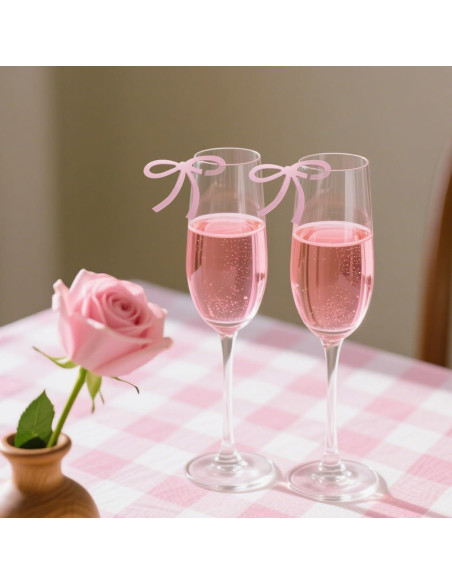 20 Marcadores de Copas de Vino con Lazo Rosa y Gato - Decoración Fiesta