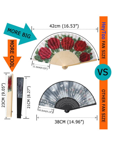 Abanico de Mano HeyToo Rosa Roja Plegable en Bambú 23cm