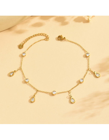 Pulsera de Tobillo Dorada 18K para Mujeres con Zafiro y Perlas